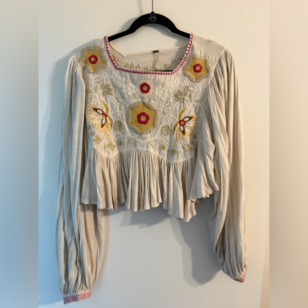 Free People Embroidered Cream Top Claudine